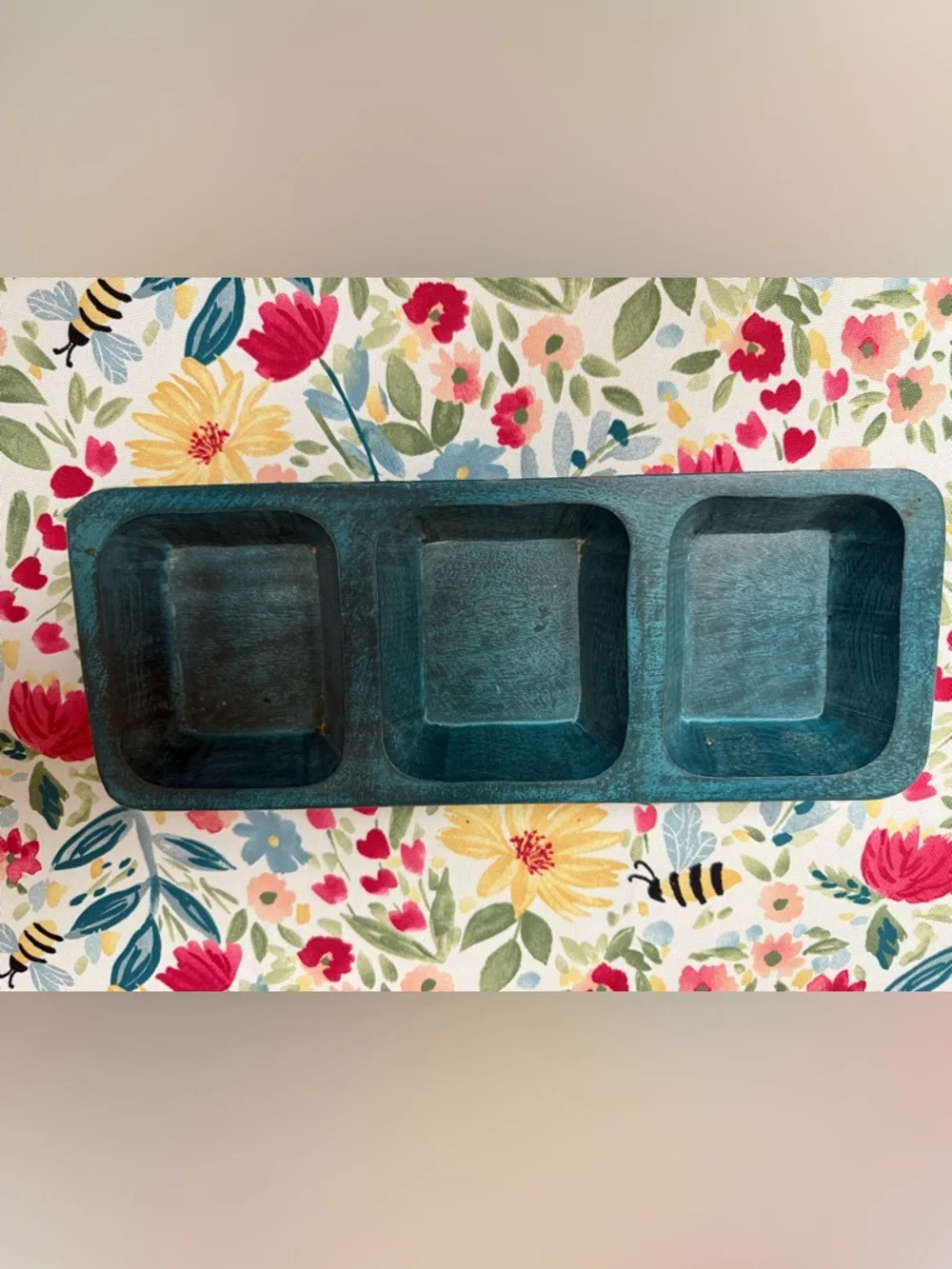 Teal Wooden 3-Compartment Serving Tray